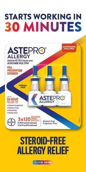 Starts working in 30 minutes. Astepro allergy spray. Steroid free allergy relief. Click here