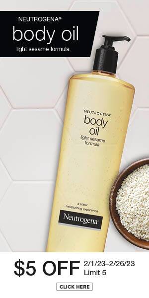 Neutrogena body oil light sesame formula. $5 off. 2/1/23-2/26/23 | Limit 5. Click here