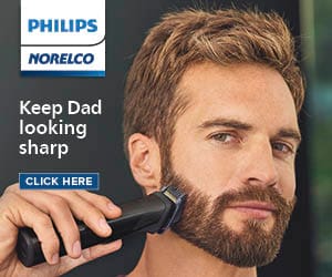 Man trimming beard. Philips Norelco logo. Keep dad looking sharp. Click here