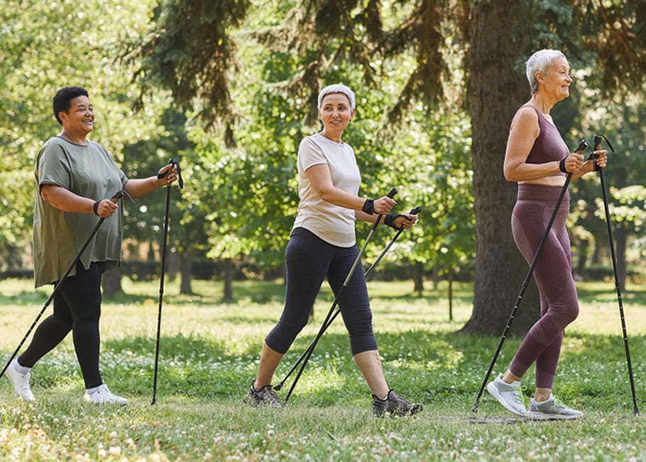 women walking with walking sticks