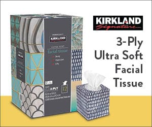 Kirkland Signature 3-ply ultra soft facial tissue.