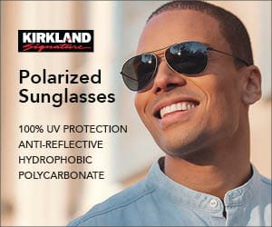 Kirkland Signature Polarized sunglasses. 100% UV protection anti-reflective hydrophobic polycarbonate.