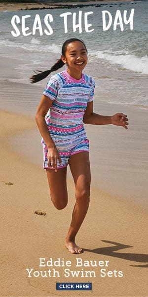 Seas the day. Girl running on beach. Youth swin sets. Click here