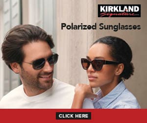 Kirkland Signature logo. Polarized sunglasses. Man & woman in sunglasses. Click here