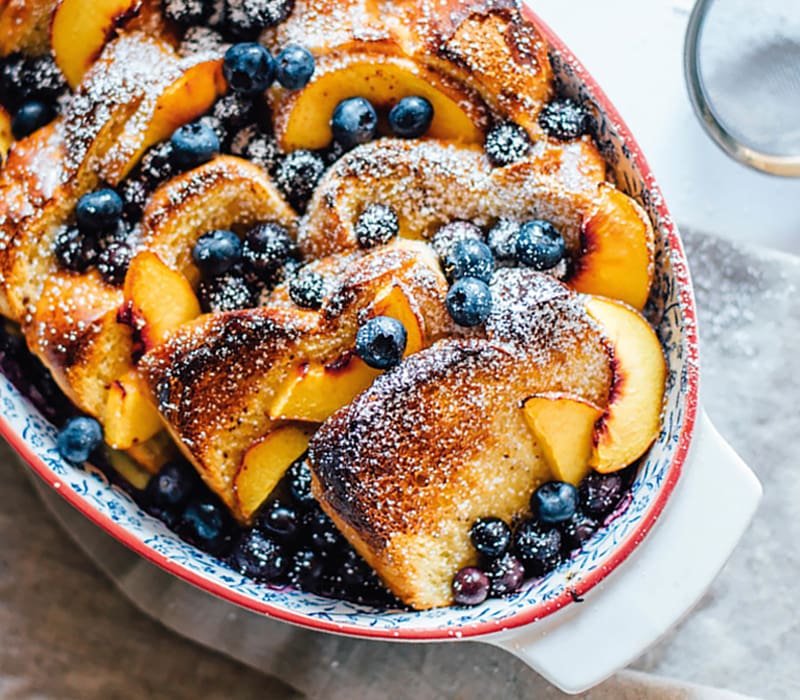 Yellow Peach and Blueberry French Toast Casserole