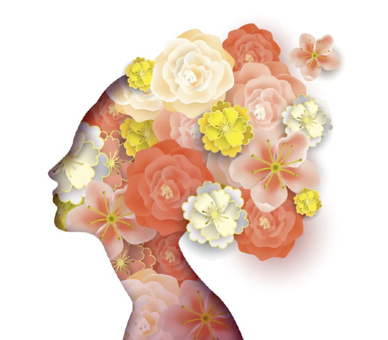 illustration of silhouette of womans head filled with flowers