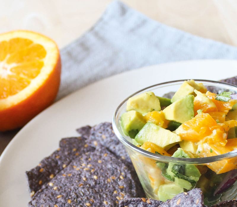 chips with avacoado and orange salsa