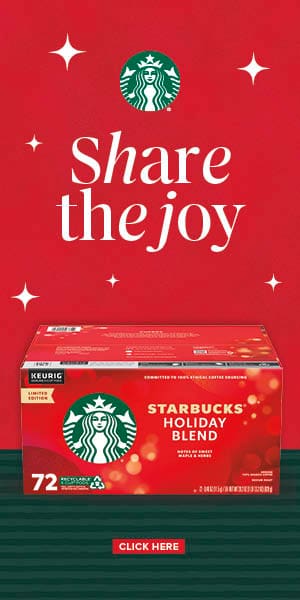 Share the joy. Starbucks holiday blend. Click here