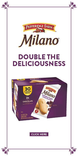 Pepperidge Farm Milano logo. Double the Deliciousness. Double dark chocolate milano cookies. Click here