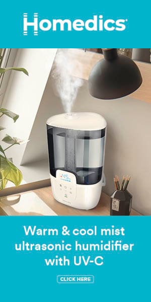 Homedics logo. Warm & cool mist ultrasonic humidifier with UV-C. Click here