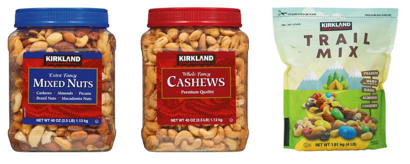 WHOLE MIXED NUTS, Item 321063; ROASTED WHOLE CASHEWS, Item 18328; TRAIL MIX, Item 1474436.