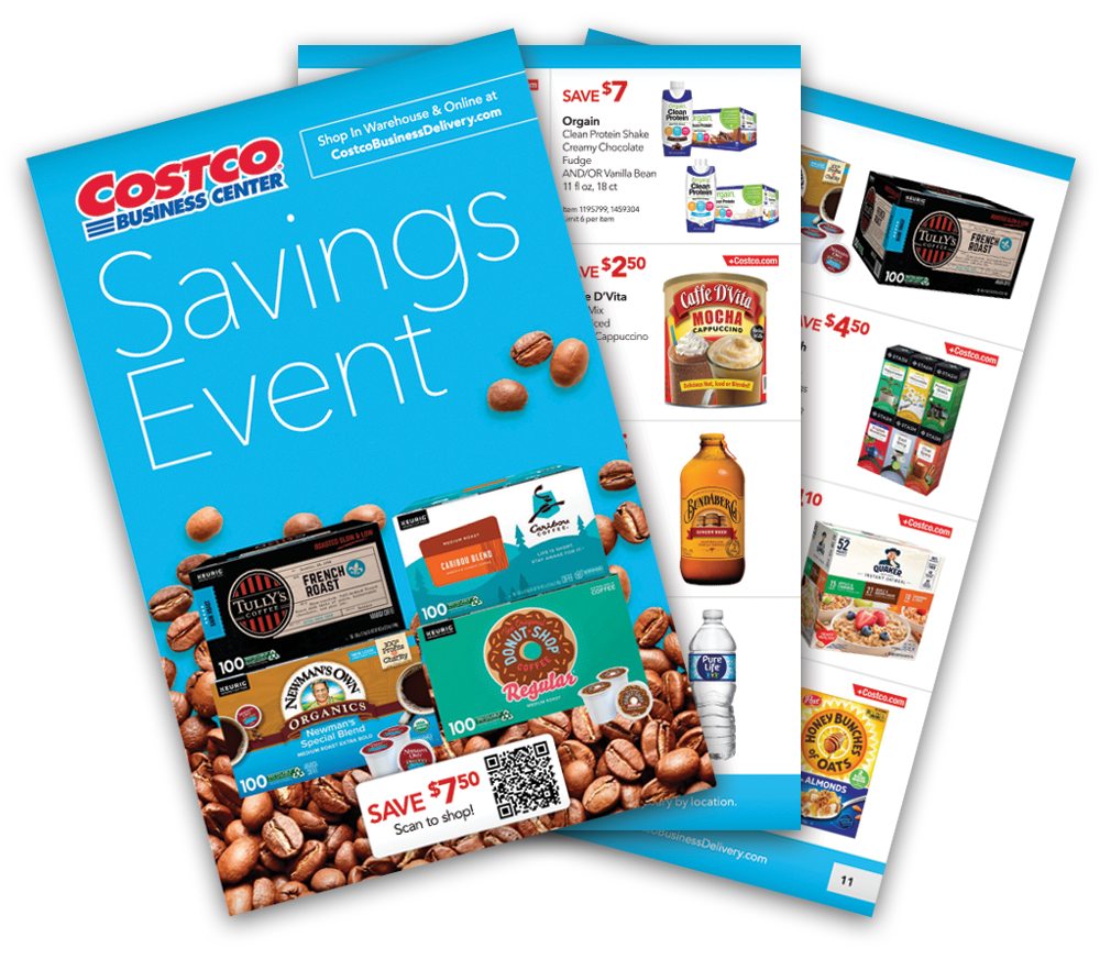 Three pages of the Savings Event pamphlet at Costco Business Center.