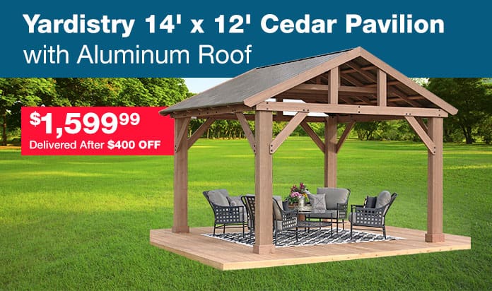 Yardistry 14' x 12' Cedar Pavilion with Aluminum Roof $1,599.99 Delivered After $400 OFF