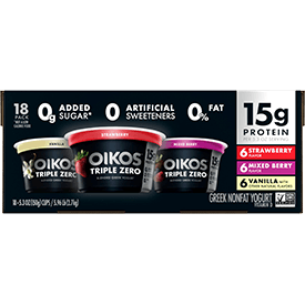 Oikos Triple Zero Blended Greek Yogurt, Variety Pack, 5.3 oz, 18-Count