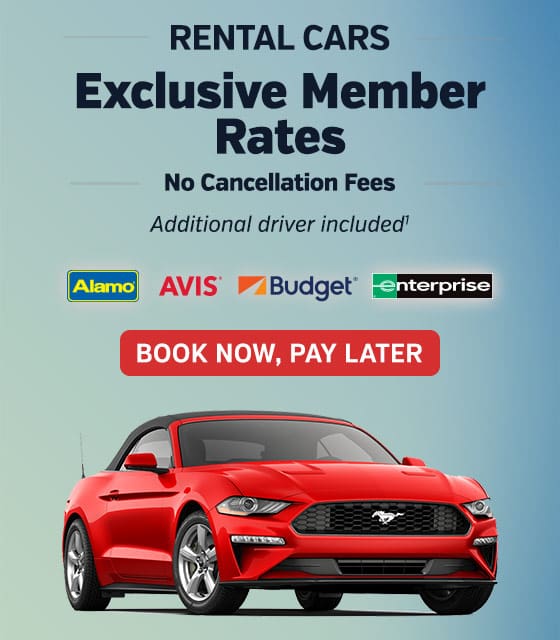 Rental Cars Exclusive Member Rates, No Cancellation Fees - Additional driver included<1> - Book Now. Pay Later.